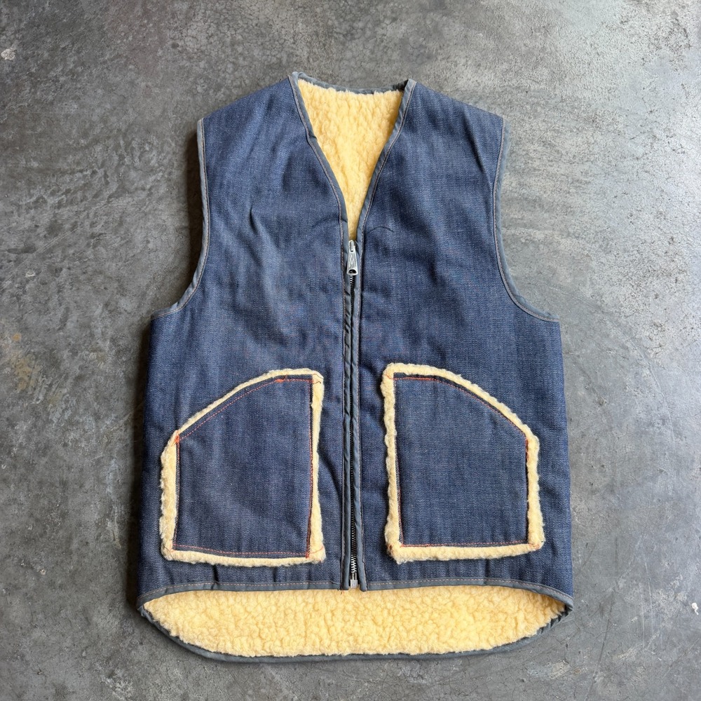 Vintage 70s Custom Sherpa Lined Denim Zip Up Vest Pockets Handmade Size S 18x22